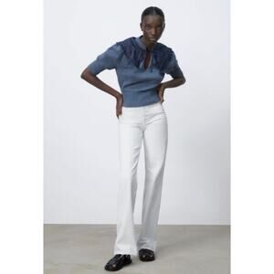 Zara Knit Top Size M Blue Ruffle Collar Sweater Tie Neck Short Sleeve NWT